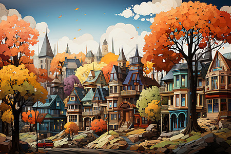迷人的秋色小镇景观图片