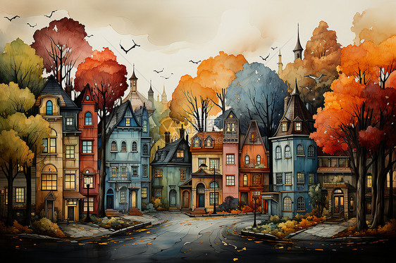 剪纸艺术的秋天城市景观图片