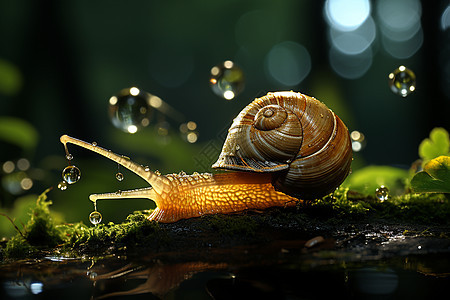 丛林中缓慢爬行的蜗牛动物图片