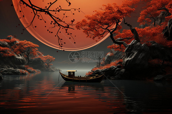 中式古风的泛舟场景图片