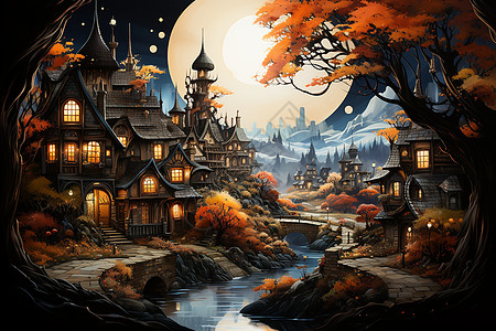 秋天的城市小镇插图背景图片