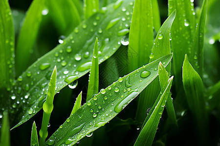 清晨湿草叶上的雨滴图片