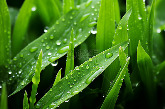 清晨湿草叶上的雨滴图片