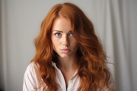 严肃表情的红发女郎图片