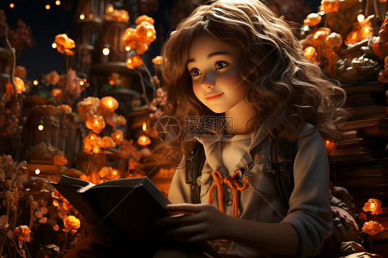 3D卡通读书的小女孩插图图片