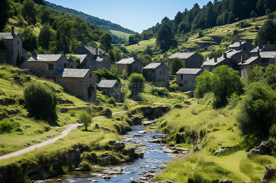 夏季美丽的山间村庄景观图片