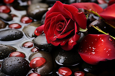 鹅卵石上湿润的玫瑰图片
