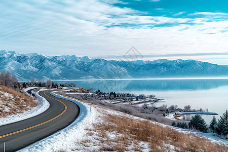 冬季湖畔公路的景观图片