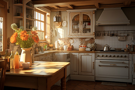 阳光下的欧式乡村厨房图片