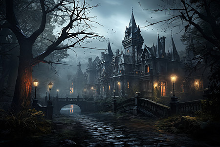 夜色中朦胧的欧式城堡背景图片