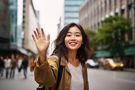 街道上挥手的亚洲女孩图片