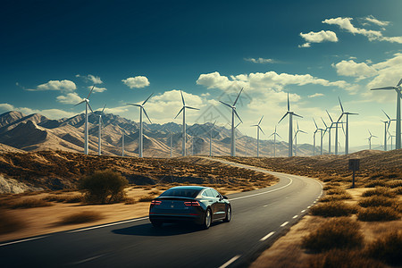 沙漠公路上的新能源汽车图片