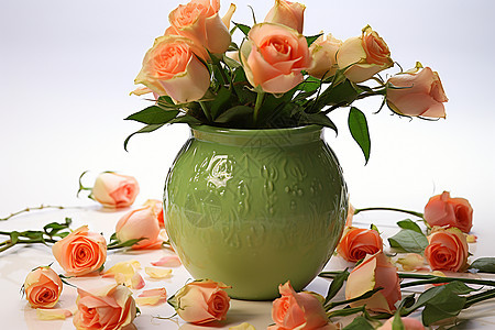 绿色花瓶中的甜美玫瑰背景图片