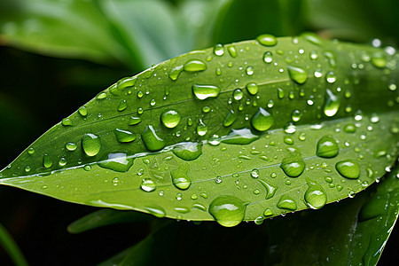 绿叶上的雨滴特写图片