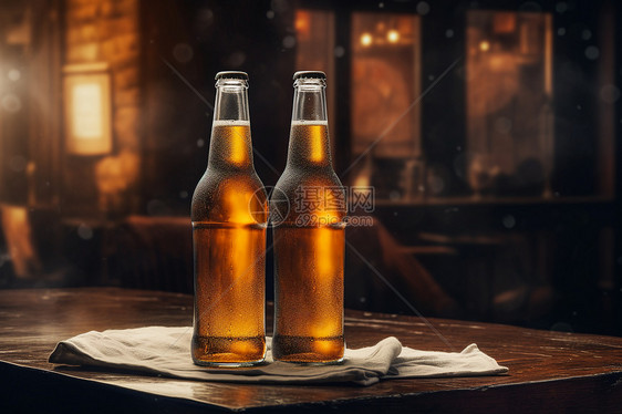 木桌上的冰凉啤酒图片