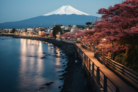 富士山下的美丽风景背景图片