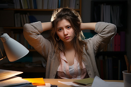 书桌旁疲惫的女学生图片