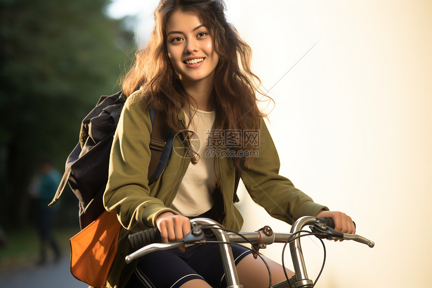 骑着自行车的女学生图片