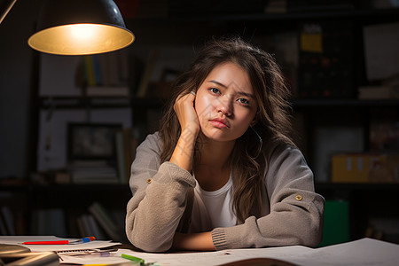 在书桌前的女大学生背景图片