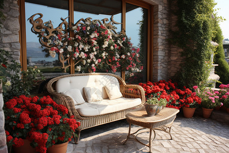 阳台上的沙发和花束图片