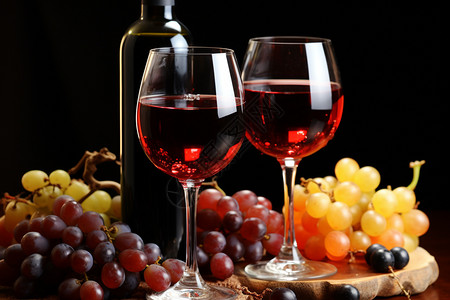 桌面上的葡萄和红酒背景图片