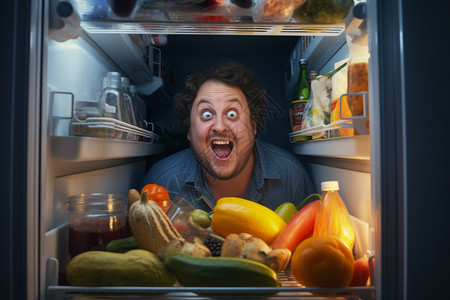 对着冰箱搞怪的男士图片