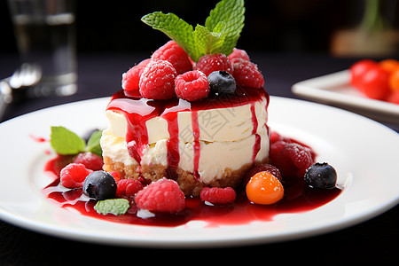 芝士莓莓红果蛋糕与冰淇淋背景