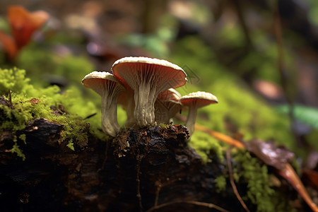 青苔上生长的野生蘑菇图片