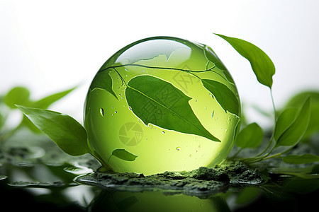 野外透明玻璃球中的绿叶图片