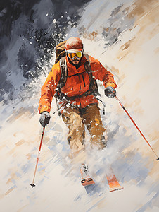 雪山滑雪的男子油画插图高清图片