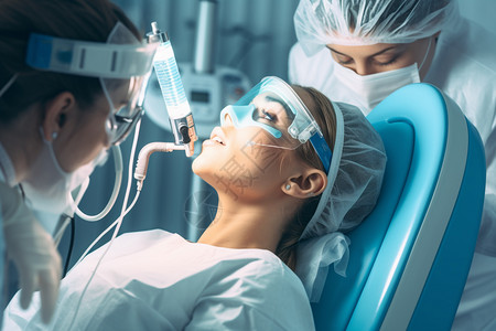 科技眼睛躺在手术床上的女性背景
