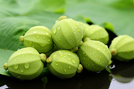 雨后沾满雨滴的绿色果实背景图片