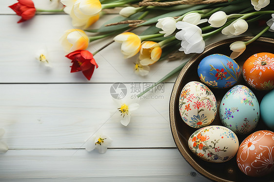 桌子上的花束和彩蛋图片