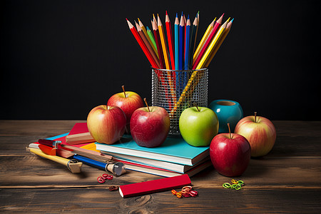 桌子上的苹果和彩笔背景图片
