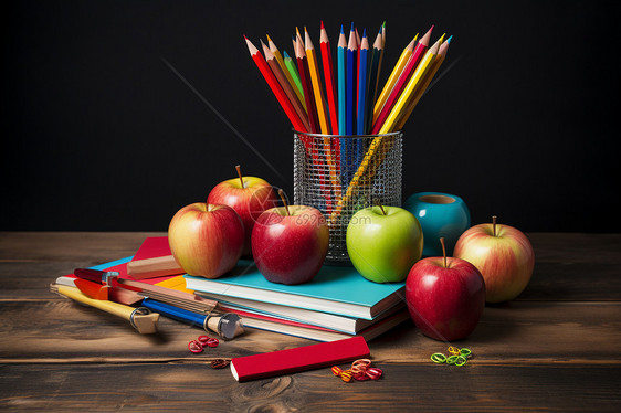 桌子上的苹果和彩笔图片