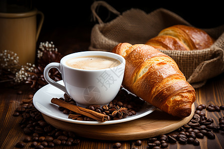 手绘面包美味的咖啡和面包背景