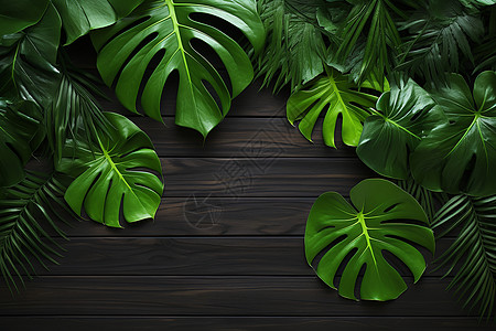 木质桌面上的棕榈叶背景图片