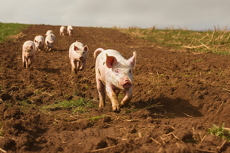 田野中放牧的猪群图片