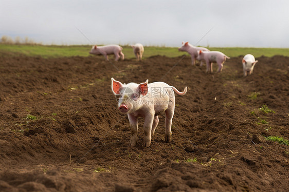 乡村田野中放牧的猪群图片