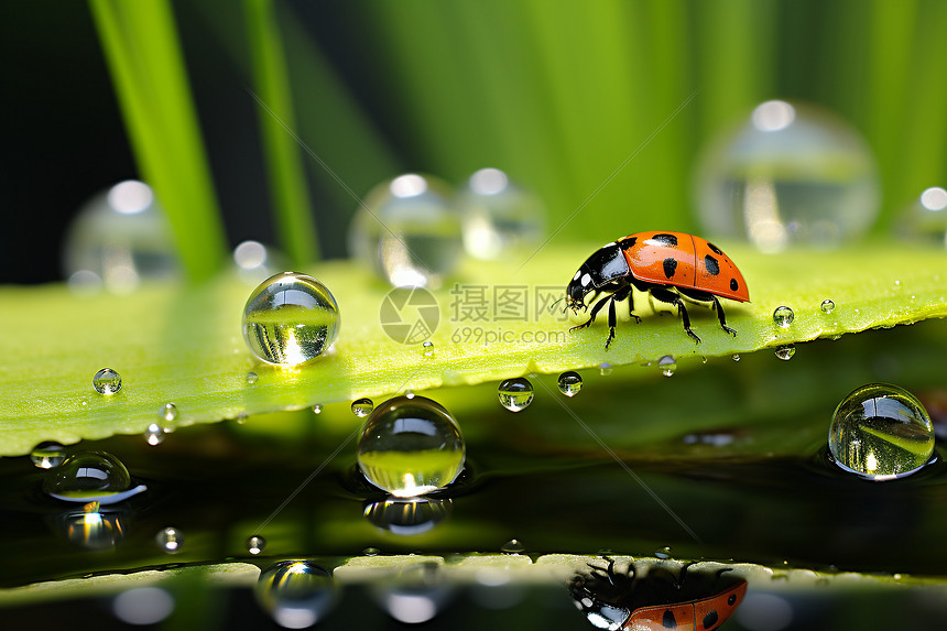 花园绿植树叶上的露水和昆虫图片