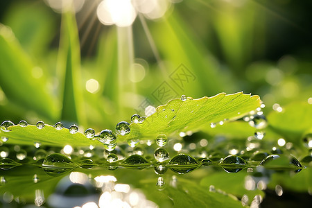 阳光下沾满雨滴的绿叶背景图片