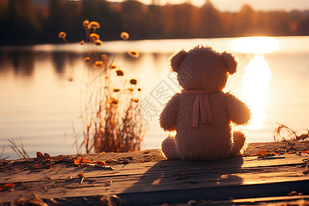 湖边欣赏落日的泰迪熊图片