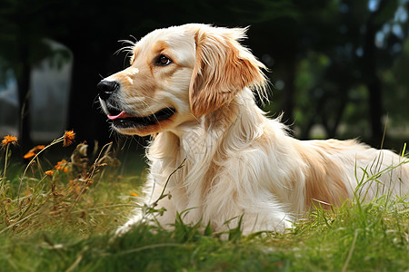 户外草地上的金毛犬图片