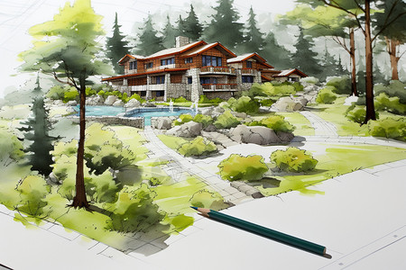 现代园林建筑的手绘草图图片