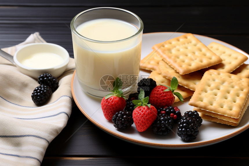 健康的饼干牛奶和浆果图片