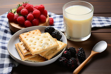 桌子上的饼干牛奶和浆果图片