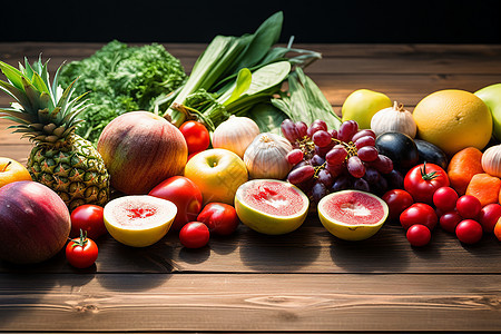 木桌上的水果蔬菜图片
