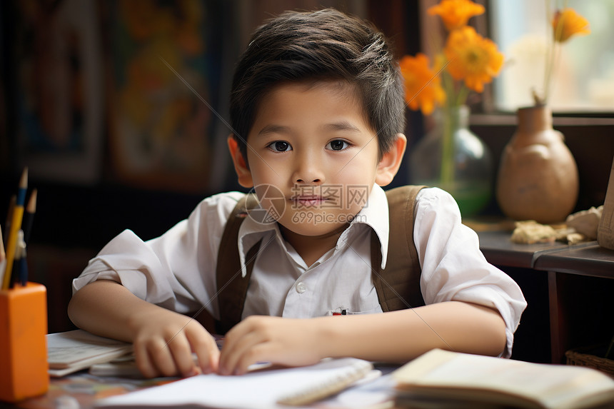 课桌前可爱的小男孩图片