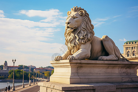 街道中的狮子雕像图片
