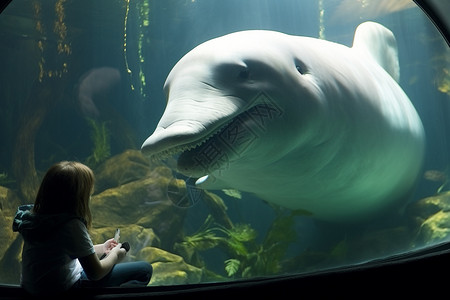 动物白鲸和小女孩背景图片